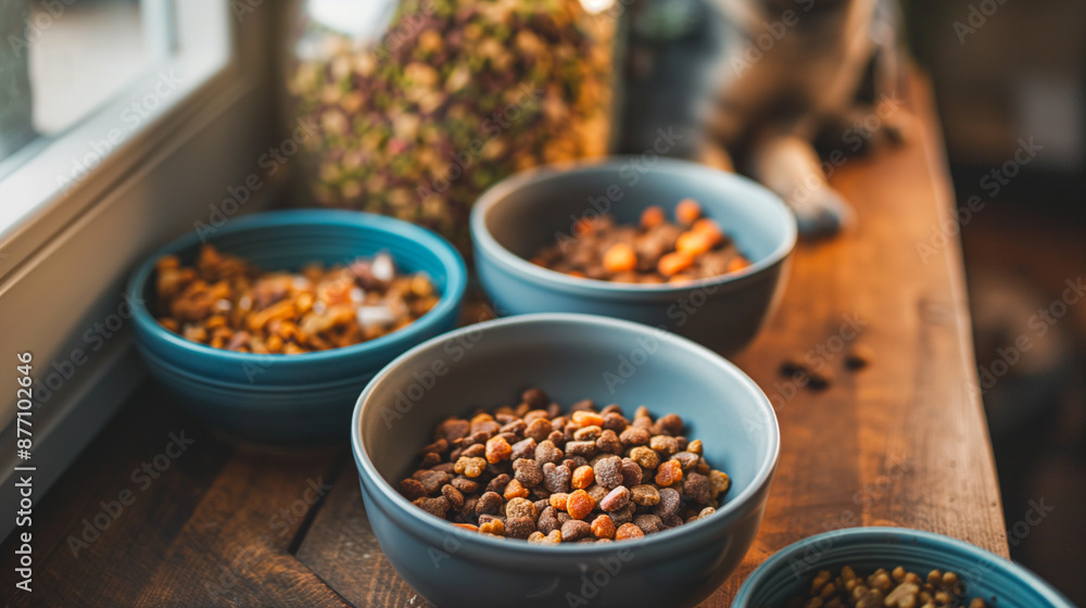 Three food bowls on wooden table by window Three food bowls on wooden table by window