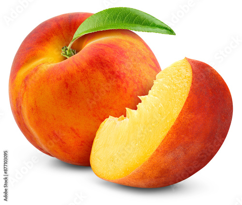 Peach isolated png. Peach with a slice on transparent background. PNG format. Peaches with leaf no background. Full depth of field.. photo