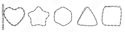Set of barbed wire frames with different shapes. Concept of protection, danger or security. Hand drawn in sketch style