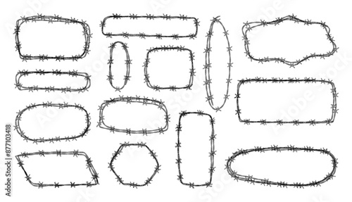 Set of barbed wire frames with different shapes. Concept of protection, danger or security. Hand drawn in sketch style