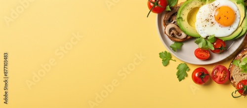 Top view of a vegetarian breakfast recipe: fried eggs with cherry tomatoes, greenery, and avocado toast on a yellow background with copy space image. photo