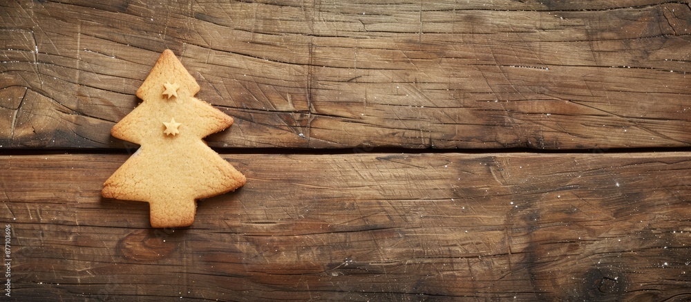 Christmas tree-shaped cookie on a wooden background with copy space image. Christmas tree-shaped cookie on a wooden background with copy space image.