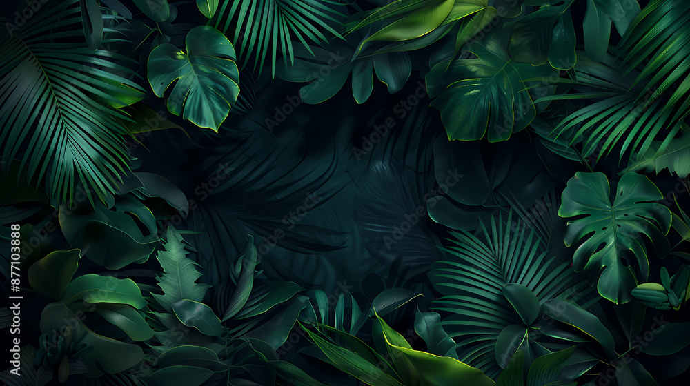 Fototapeta premium Dark green background with various leaves on the edges