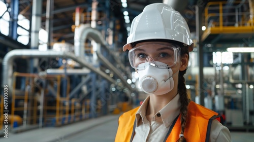 Close up shot of the worker wearing safety gear in industrial area