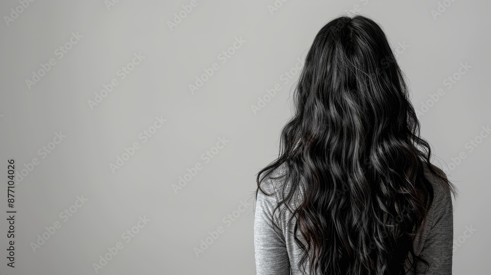 Back view of a woman with long, wavy black hair against a plain backdrop Back view of a woman with long, wavy black hair against a plain backdrop