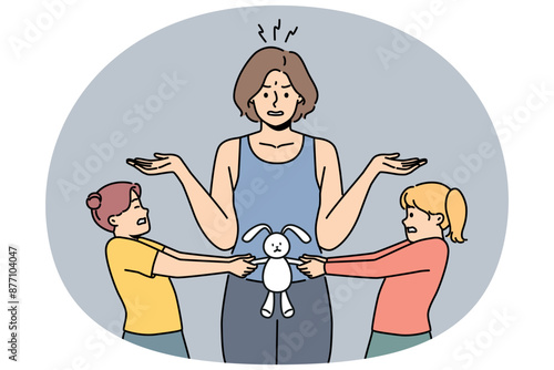 Conflicting children over toy and embarrassed mother throwing up hands and needing help of nanny. Two hyperactive conflicting girls fight over plush bunny, not wanting to share with sister