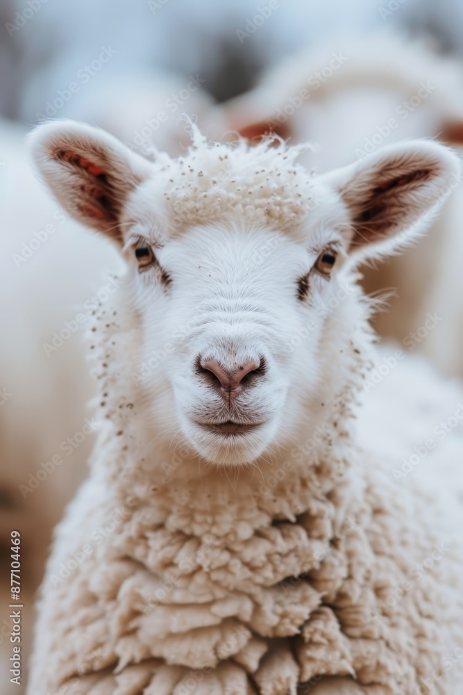 A tight shot of a sheep's face with blurred background sheep A tight shot of a sheep's face with blurred background sheep