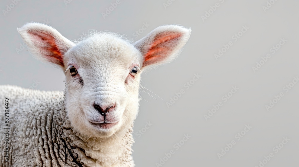 Fototapeta premium A sheep in tight focus, gazing directly at the camera, backed by a softly blurred environment