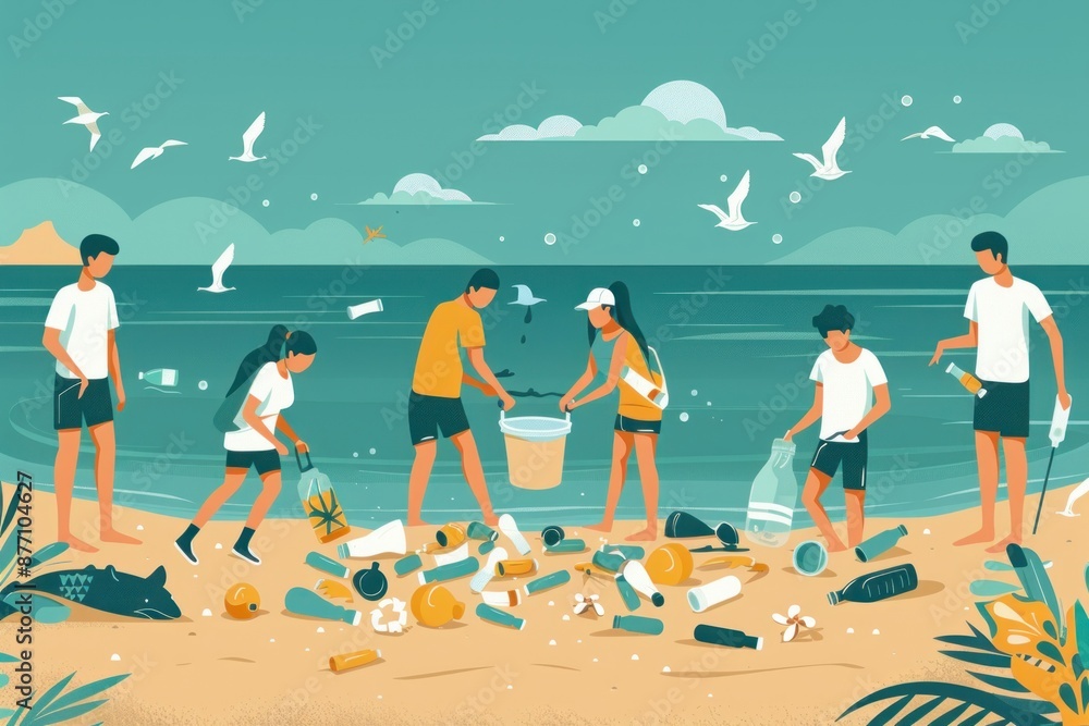 Obraz premium Flat design illustration depicting a group of people engaged in beach cleanup activities. The focus is on community effort and teamwork in preserving the cleanliness of coastal areas. Show the