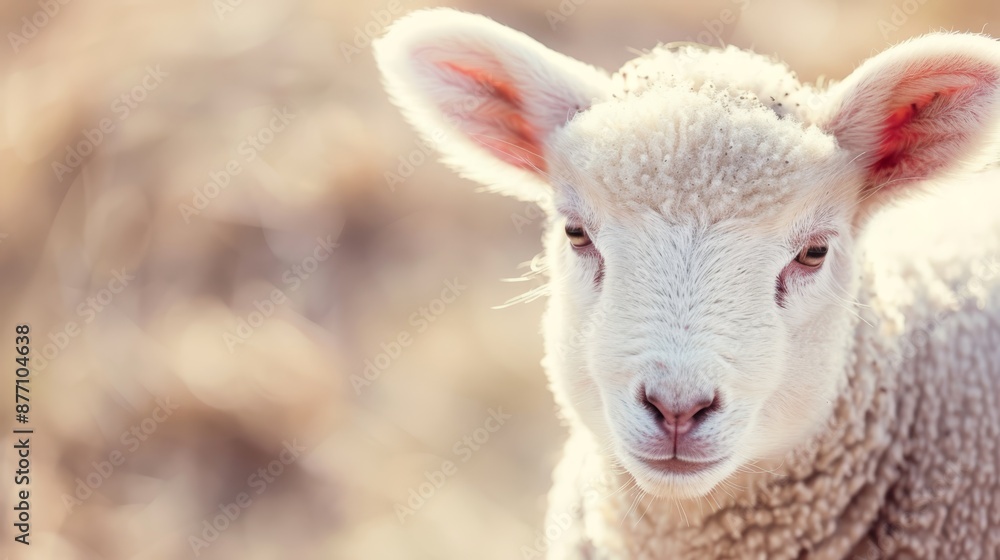 A sharp image of a sheep's face with a softly blurred backdrop of grass and trees A sharp image of a sheep's face with a softly blurred backdrop of grass and trees