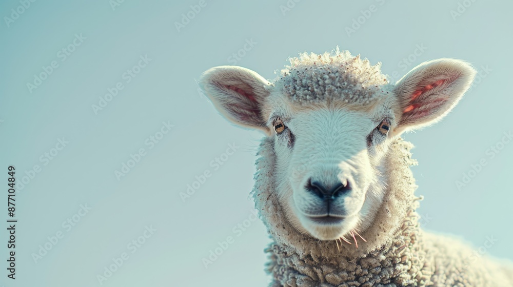 Fototapeta premium A tight shot of a sheep's face against a backdrop of a blue sky