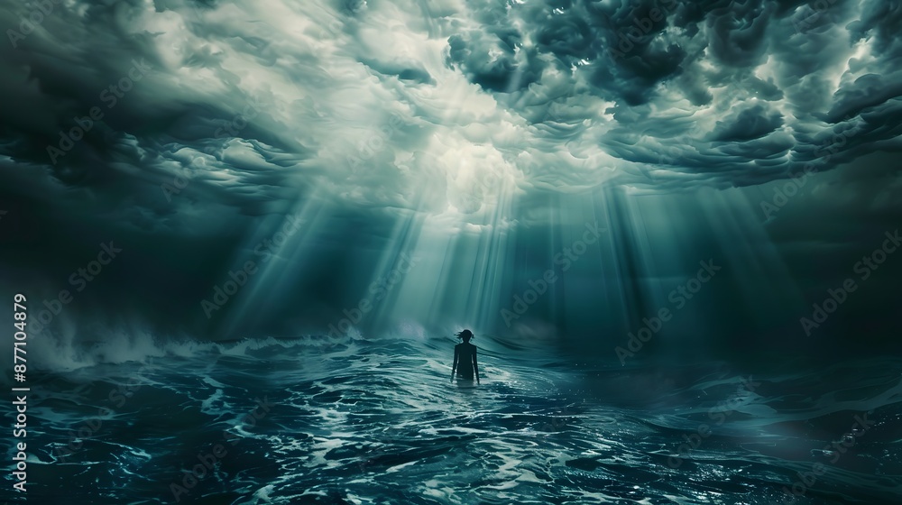 Fototapeta premium Dramatic Ocean Scene with Stormy Clouds and Sun Rays Shining Down on a Lone Figure in the Water