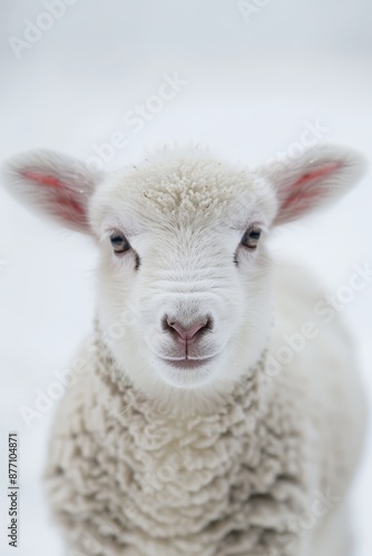  A sheep's face in close-up, covered in snow Behind it, eyes lock with the camera