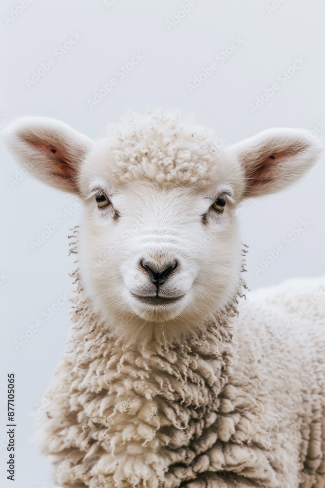A sheep gazes into the camera, its expression clear, while a softly blurred sky shrouds the background A sheep gazes into the camera, its expression clear, while a softly blurred sky shrouds the background