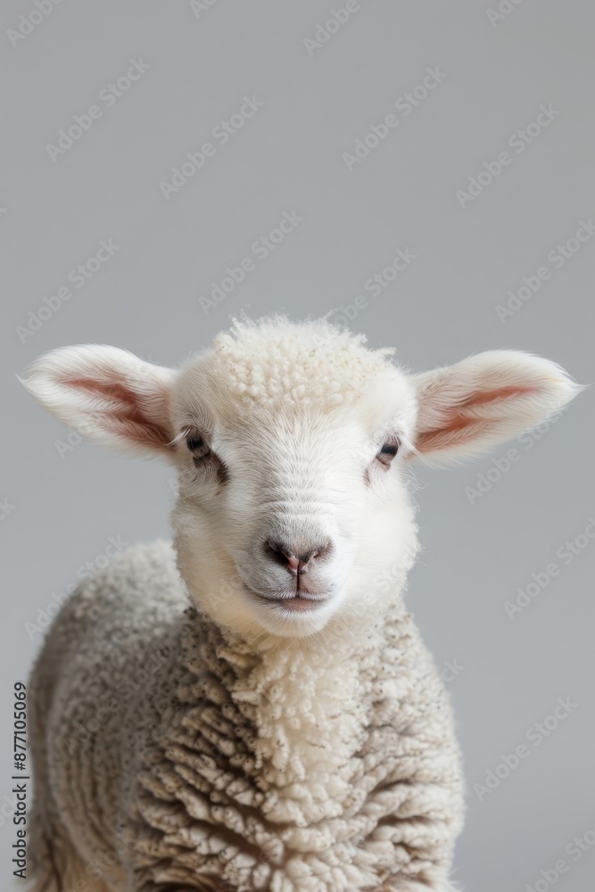 Fototapeta premium A sheep's face in close-up, head tilted to the side, set against a gray backdrop
