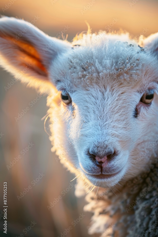 Obraz premium A tight shot of a sheep's face, sunlit, against a hazy backdrop