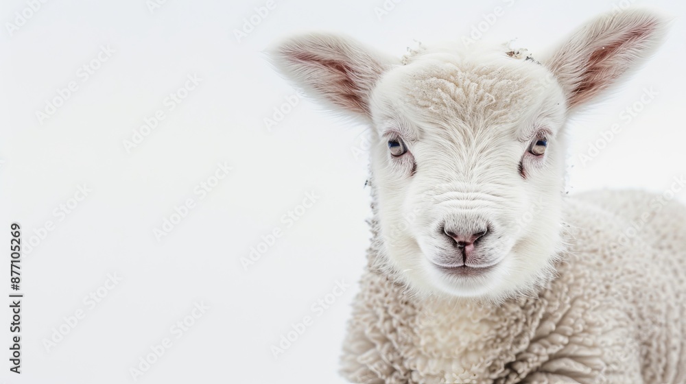 A tight shot of a sheep gazing at the camera against a pristine white backdrop A tight shot of a sheep gazing at the camera against a pristine white backdrop