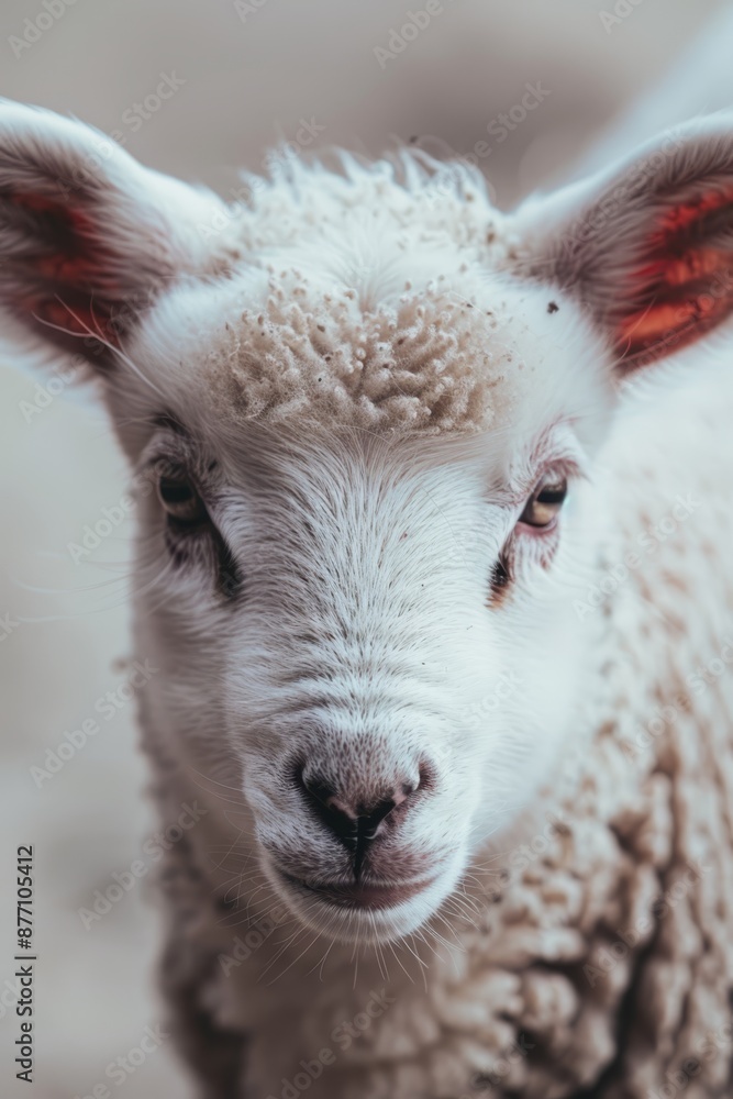 Obraz premium A sheep's face, in focus, sports a red mark on its ear Background softly blurred