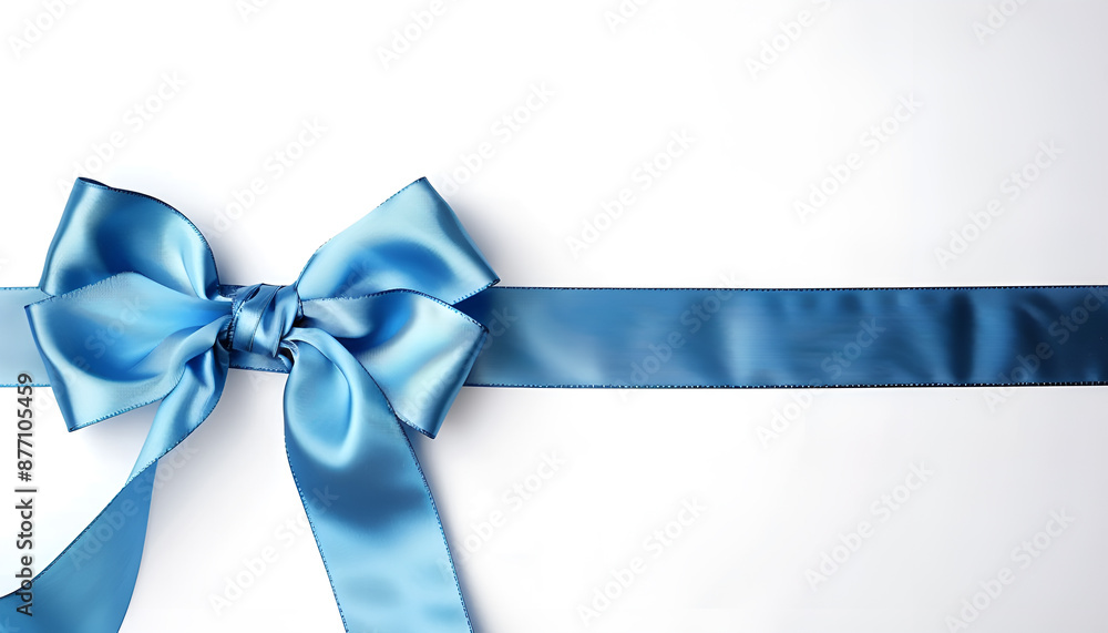 Blue satin ribbon and bow on white background, top view Blue satin ribbon and bow on white background, top view