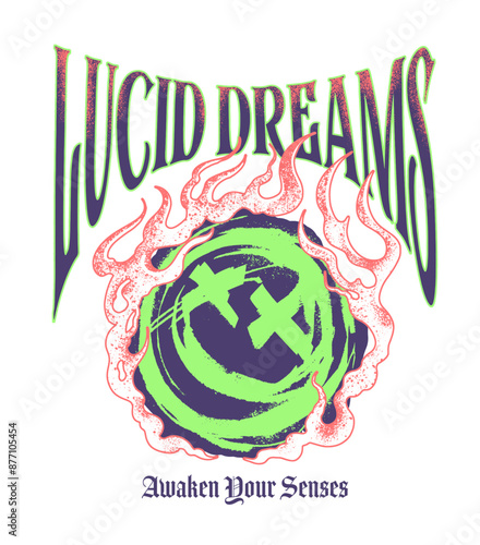 custom slogan saying Lucid Dreams in a bold, stylized font, surrounded by dynamic, flame like shapes. The central image, a swirling green and happy face illustration
