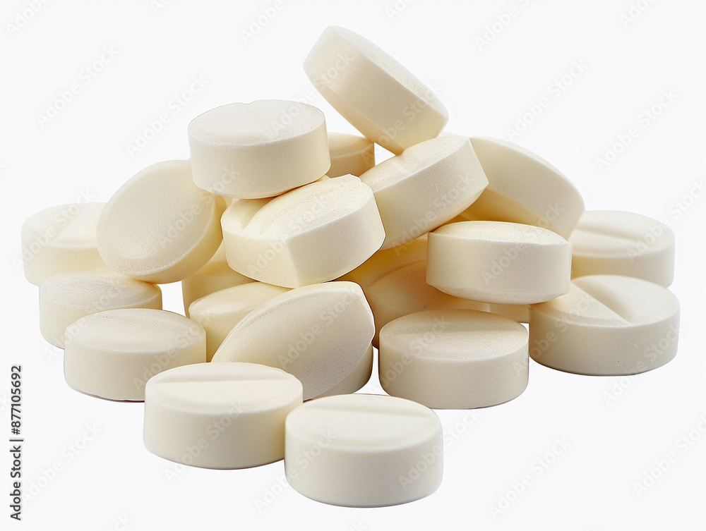 White Round Pills Piled On White Background White Round Pills Piled On White Background