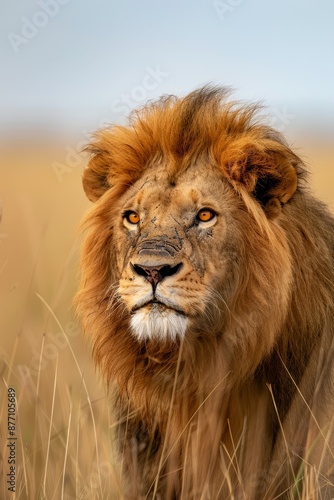  A tight shot of a lion in a sea of tall grass The hazy sky serves as a vague backdrop © Viktor