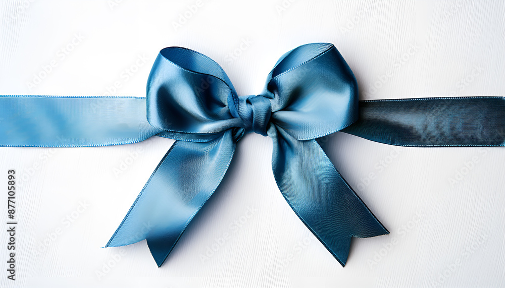 Blue satin ribbon and bow on white background, top view Blue satin ribbon and bow on white background, top view
