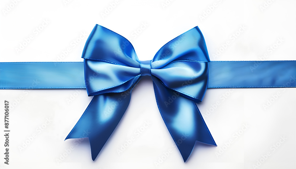 Blue satin ribbon and bow on white background, top view Blue satin ribbon and bow on white background, top view