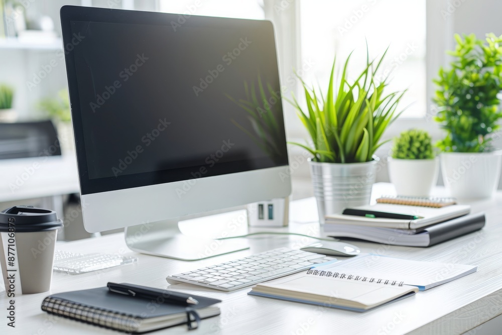 Modern Workspace with Computer, Plants, and Notebooks Modern Workspace with Computer, Plants, and Notebooks