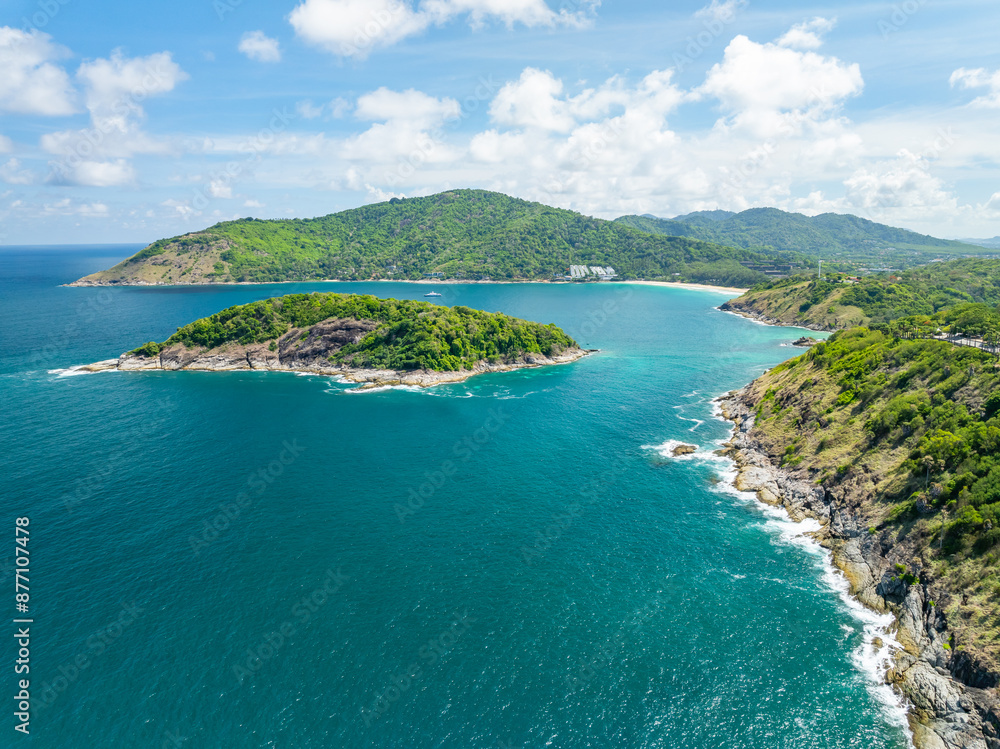 Obraz premium Amazing seascape view seashore and waves crashing on rocks,Aerial view beautiful sea in Phuket island Thailand