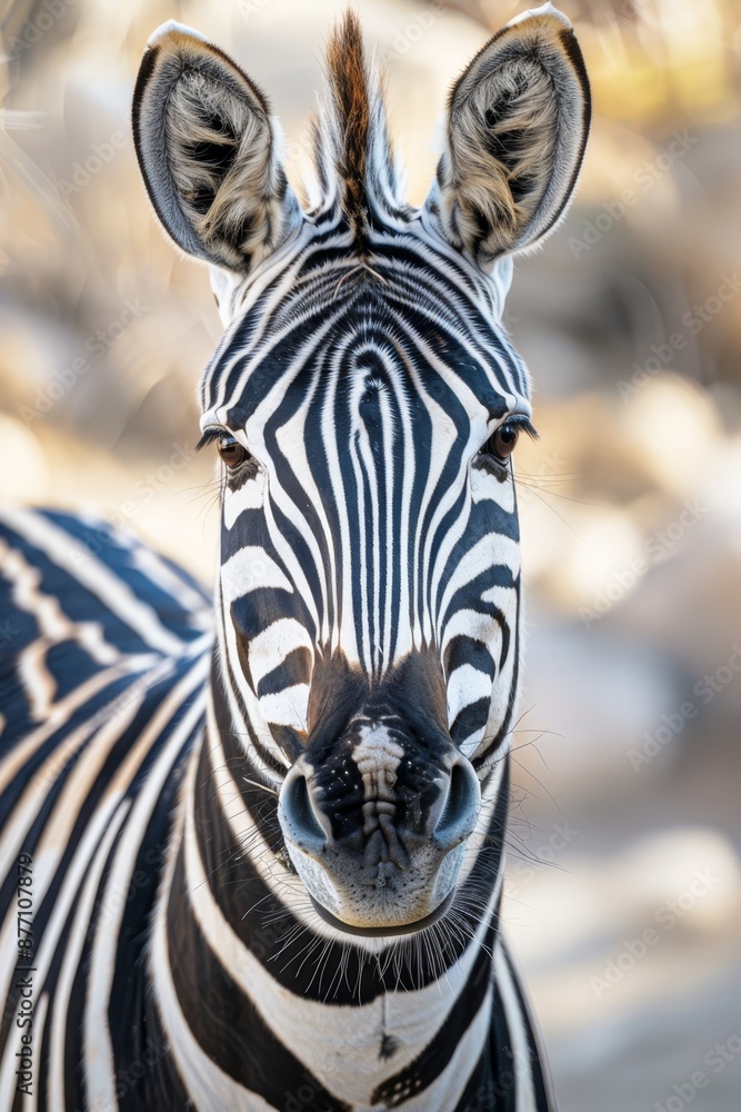 Naklejka premium A tight shot of a zebra's face, background blurred with rocks in the foreground