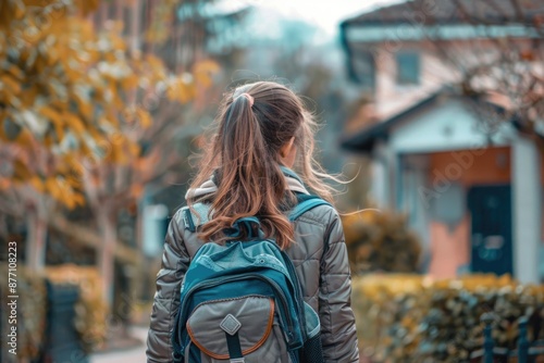 A woman walking on a city street, carrying a backpack and possibly heading somewhere new