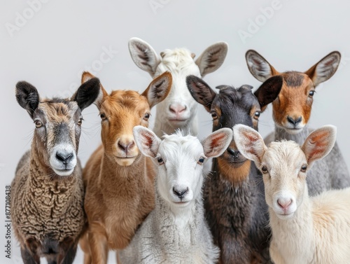 Group of Baby Goats Posing Together. A group of seven baby goats of different colors and breeds posing together against a plain background. photo