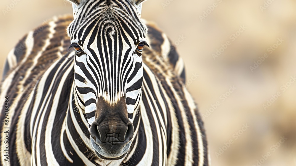 Fototapeta premium A tight shot of a zebra's head and neck, surrounded by a blurred foreground