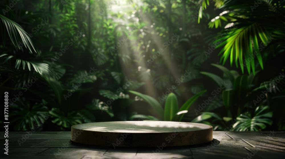 Empty wooden podium in a lush tropical jungle setting with sunlight beams. Empty wooden podium in a lush tropical jungle setting with sunlight beams.