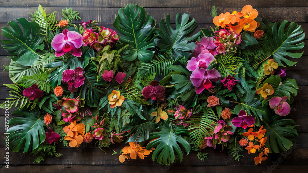 Nature background with green tropical leaves and multicolored flowers minimal summer abstract forest pattern or forest Nature background with green tropical leaves and multicolored flowers minimal summer abstract forest pattern or forest