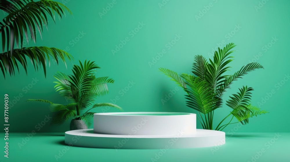 Minimalist green background with white podium and palm plants. Minimalist green background with white podium and palm plants.