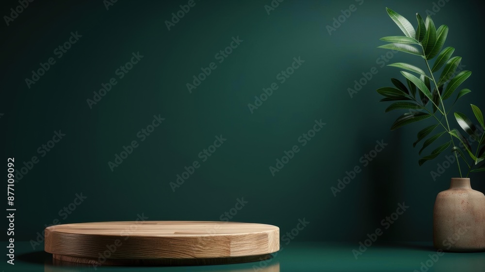 Wooden podium on green background with plant, product display mockup Wooden podium on green background with plant, product display mockup