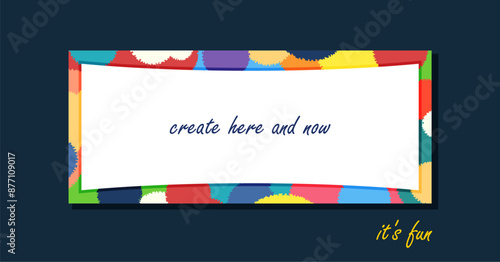 Simple holiday flyer template with frame made of multicolored colorful round spots. Festive card design. Vector hand drawn art.