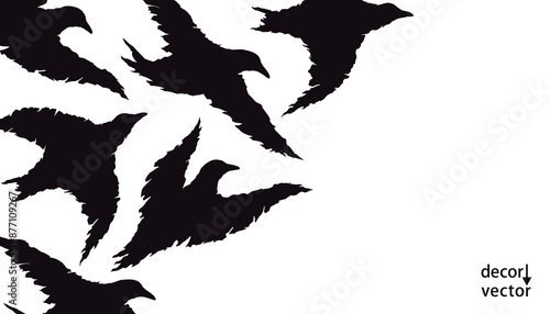 White background with flying black crows in the left half. Silhouettes of a flock of birds. Vector illustration