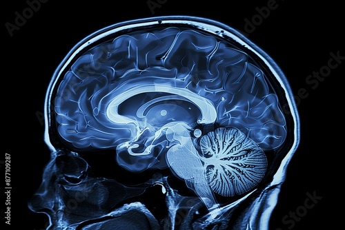 Blue X-ray image of human brain anatomy, 3-D sagittal section (side view, cross section) of the human brain and its parts