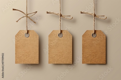 Cardboard tags hanging on linen thread vector illustration.