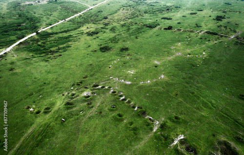 Obraz na płótnie The Hurlers, 3 side by side prehistoric stone circles. S.E. edge of Bodmin Moor at Minions, Cornwall. Also recent shallow shaft copper mine holes w salonie