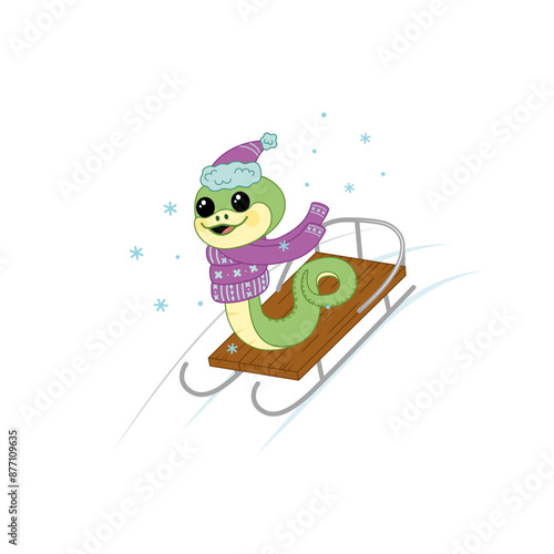 Sleigh. Snake rolls down the mountain on a sleigh. Cartoon, vector.