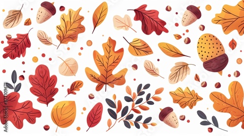 Autumn leaves and acorns pattern with colorful fall foliage on a white background, perfect for seasonal decoration and design projects.