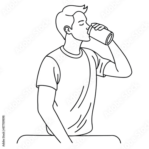 a man drinking from a soda can, line art vector illustration 