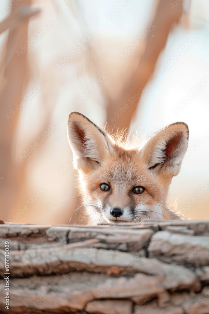 A tight shot of a small fox on a tree branch gazing at the camera, surrounded by an out-of-focus backdrop of trees A tight shot of a small fox on a tree branch gazing at the camera, surrounded by an out-of-focus backdrop of trees