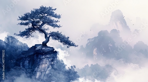 Plateau with a serene Hakushiri at tree, ideal as a copy space image photo