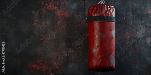 Boxing bag on dark background with empty space