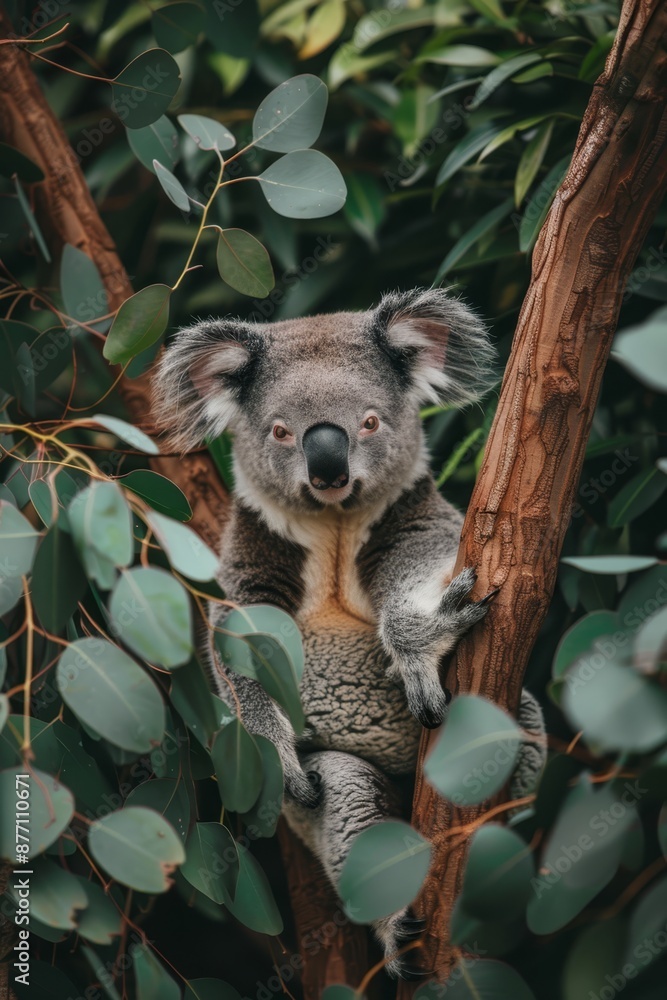 Obraz premium A koala rests in a tree, head tilted back on a limb, gazing at the camera